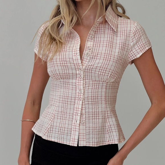 Princess Polly Cottesloe Blouse Top Pink Check - Picture 2 of 16